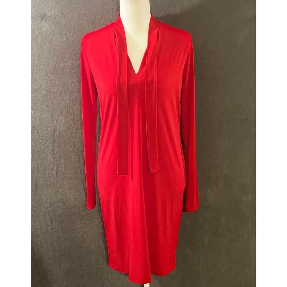 Michael Kors Women's Red Tie Neck Mini Sheath Dress Size Small Elegant Statement